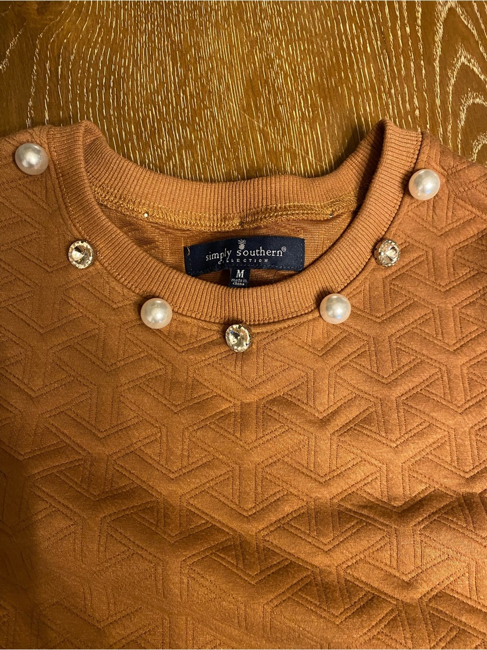 Simply Southern Women's Rust Textured Pullover with Pearl & Rhinestone Neckline - Picture 2 of 2